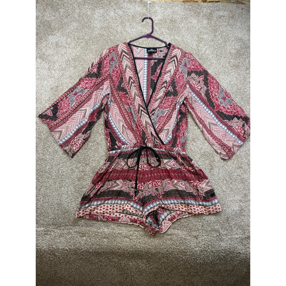Angie Womens Boho Paisley Wrap Romper Red Black Festival Hippie Peasant Tribal S